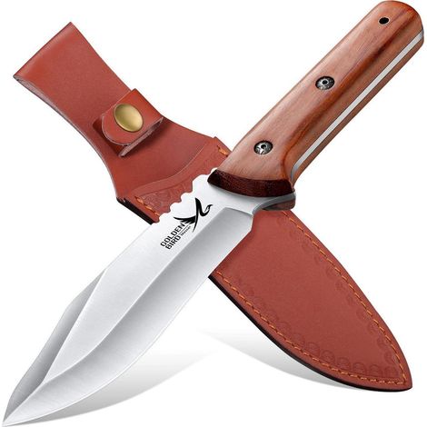 Couteau de survie d'extérieur avec étui en cuir, couteau de chasse 16cm, lame fixe (1/4)