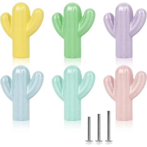 Lot de 6 boutons colorés en céramique brillante forme de cactus (1/5)