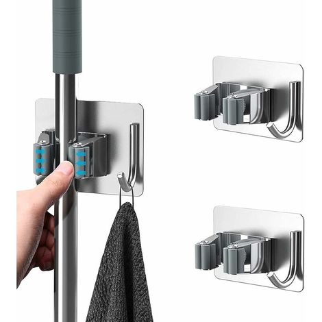 Porte-balai et Vadrouille 2 Pcs Support de Rangement D'outils Mural en Acier Inoxydable, Support de Vadrouille Auto-adhésif Avec Crochet, Convient Pour la Cuisine le Garage le Jardin la Salle (1/5)