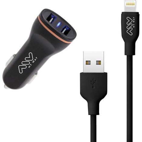 Myway Caricabatterie da auto Compatibile Apple Lightning 2USB 2.1A + Cavo 1m Nero (1/5)