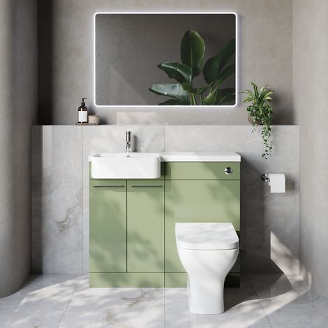 Napoli 250 Olive Green 1000mm 2 Door Vanity Unit Toilet Suite with Left Hand Round Rico Semi Recessed Basin - 1000mm - Chrome 160mm HandleWith Kingston Toilet Pan and Seat