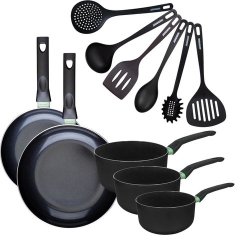 Set de 2 poêles 24 et 28 cm et 3 casseroles 16, 18 et 20 cm antiadhésives céramique et 6 ustensiles Fackelmann Brandao (1/5)