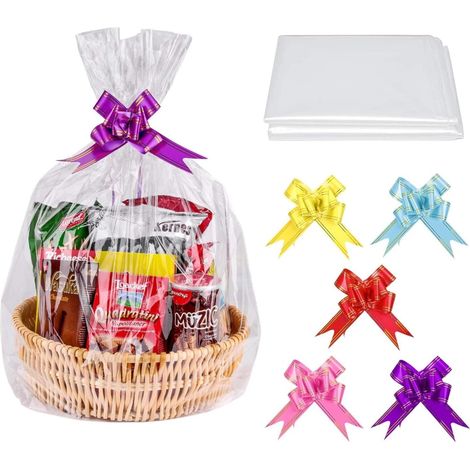 24 Pièces Sacs Clairs De Panier-cadeau, 32 x 22Pouces Cellophane Présenter Des Sacs D'emballage Pour Fabrication De Paniers De Cadeaux Paniers D'emballage D'artisanat (Avec Ruban De 24Pcs) (1/5)