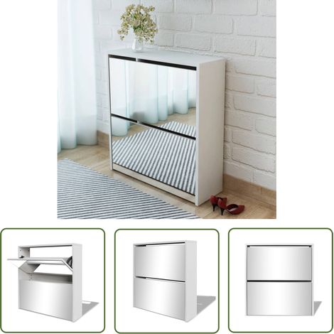 The Living Store Schuhschrank mit 2 Fächern Spiegel Weiß 63x17x67 cm - Spiegel Schrank - Schuhschrank - Garderobe - Flurmöbel - Weiße Schränke (1/5)