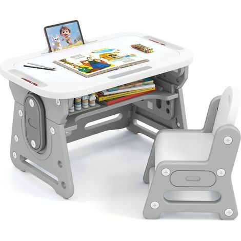 Table à Dessin Réglable en Hauteur avec Tableau Blanc Inclinable et Chaise pour Tout-petits 3 Ans+, Pupitre et Étagère Concave, Gris (1/5)