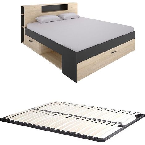 Vente-Unique – Lit avec tiroirs 140x190 cm – Tête de lit avec rangement – 2 tiroirs coulissants – Coloris naturel et anthracite – Sommier inclus