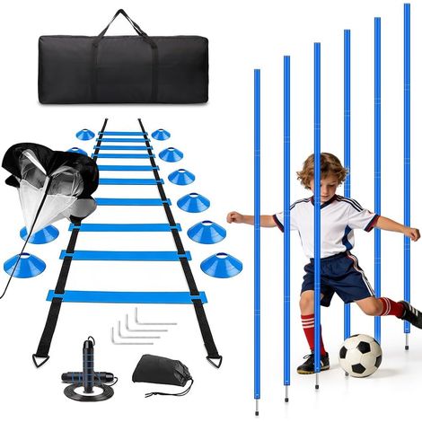 Lot de 6 barres de slalom pour football, slalom - Accessoires d'entraînement de football - Kit d'entraînement de football - Avec échelle de coordination de 6 m, 12 cônes, corde à sauter et parachute (1/5)
