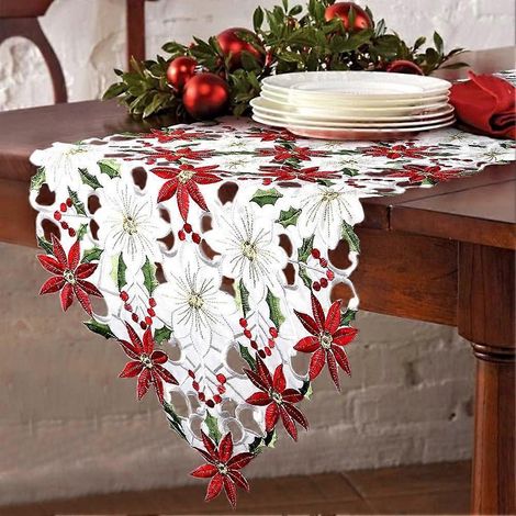 Chemin de table brodé de Noël, chemin de table luxueux avec houx et poinsettias pour décorations de Noël, 37 cm (14,5 x 68,89 pouces). (1/5)