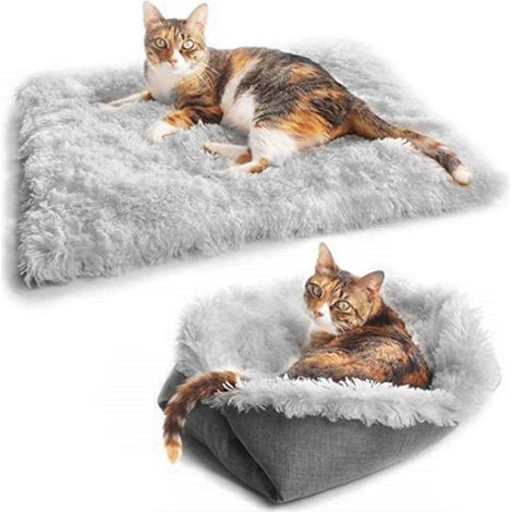 1 Couverture Chat, Lit Auto-chauffant 2-en-1, Tapis Doux Gris, Pour Petit Chien Et Lapin
