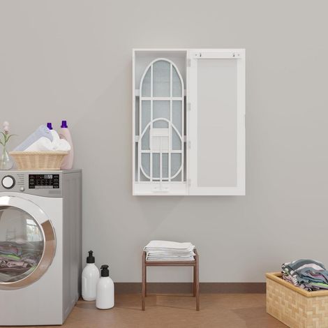 Mobile stiratura a parete con specchio e vano portaoggetti in MDF bianco (1/4)