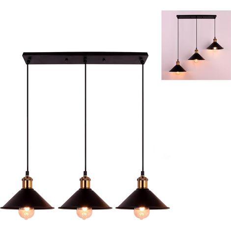 Suspension Luminaire 3 Lampes, Lustre Cuisine Industriel Noir 3 Ampoules, Longueur de Corde de Suspension Réglable, Pour Cuisine Île Salle À Manger Café (1/5)