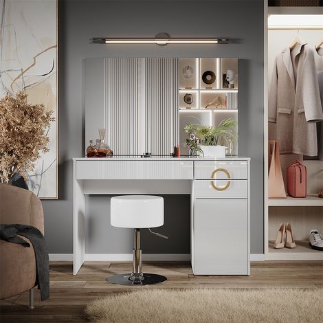 Tavolo da toeletta Adela, Bianco, 115 cm con sgabello, Vicco