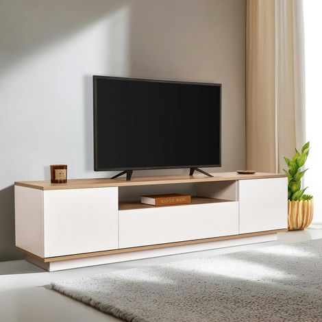 Meuble TV moderne 3 portes blanc et effet chêne MARFA (1/5)