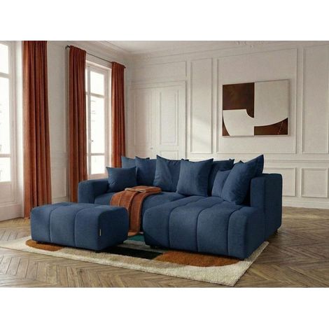 BOBOCHIC - Canapé d'angle L convertible coffre ROXELANE tissu chiné avec pouf Angle droit  Bleu foncé (1/4)
