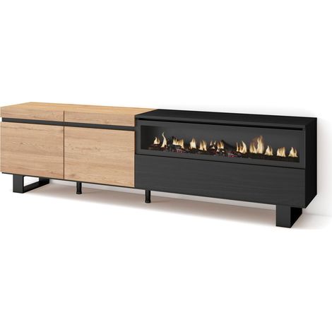 Skraut Home - Mueble TV, Televisión, Muebles de salón, almacenaje, 200x57x35cm, Para TV hasta 80", Chimenea eléctrica, Diseño industrial, Estilo Moderno, Roble y negro (1/5)