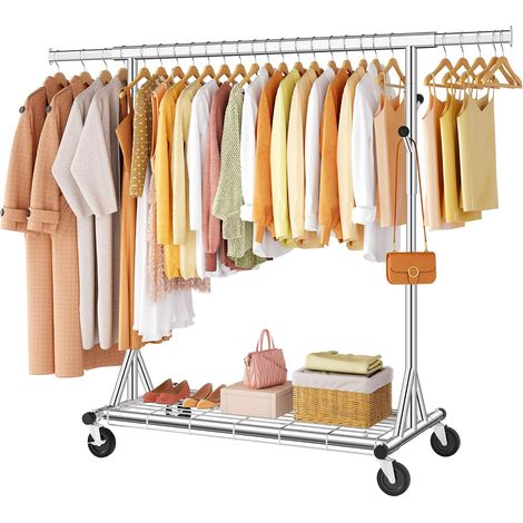 Portant à vêtements avec étagères,Portant à vêtements sur roulettes - En métal - Charge maximale : 200 kg - 50 x (106-176) x 170 cm, Installation rapide en 1 minute-Argent (1/5)