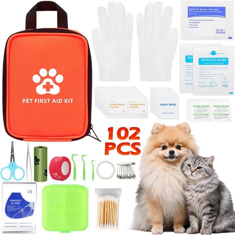 Trousse de Premiers Secours pour Chiens et Chats 102 Pièces Kit de Premier Secours Animaux avec Pince à Tiques Trousse à Pharmacie Chien pour les Urgences à la Maison (1/5)