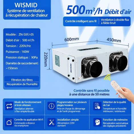 Système de ventilation VMC double flux 500 m³/h contrôle indépendant 220V 40 kg 500 réf 3076 40 kg – Livraison gratuite