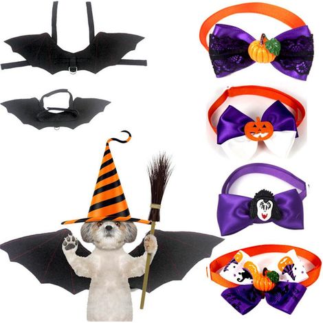 Déguisements d'Halloween pour animaux de compagnie : chat, chien, chauve-souris. Costume de chauve-souris avec nœud papillon ajustable et collier noir. Tenues de cosplay pour animaux de compagnie, par (1/5)