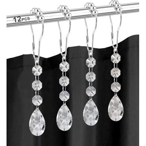 Crochets de rideau de douche, en acier inoxydable avec cristaux et perles en forme de larme, transparents/argentés, lot de 12. (1/5)