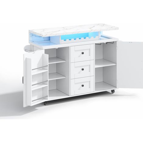 Isla de cocina blanca MDF, encimera abatible, LED App, 5 ruedas, botellero y copero (1/5)