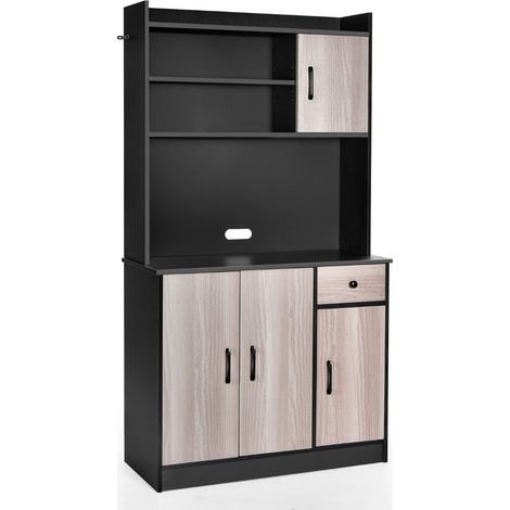 Credenza  Armadio cucina alto 180cm stazione ricarica integrata buffet vetrina piano microonde cassetto Nero (1/4)
