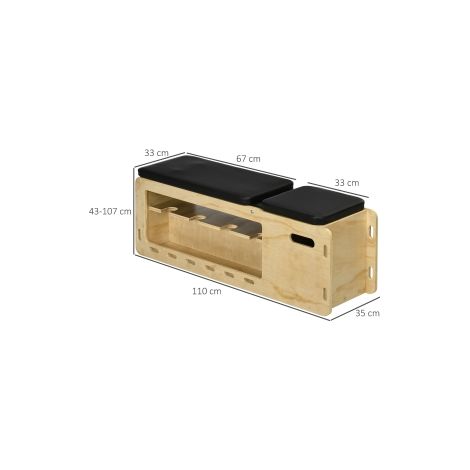 Banc d'haltères, banc d'entraînement avec boîte de rangement, bandes de résistance, banc de fitness réglable pour musculation, entraînement en force, bois massif (1/5)