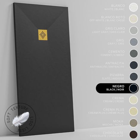 SOULHOME Receveur de Douche -Résine -Gel Coat -Texture Lisse Soie -Antidérapant -Couleur Noir - 130x80- Extra plat 3cm. GRILLE DORÉE (1/5)