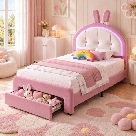 Lit enfant fille 90 x 200 cm avec 1tiroir, lit simple en velours rose, tête de lit lapin avec LED, sommier à lattes, sans matelas