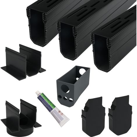 Schmale Entwässerungsrinne Schwarz 3 Meter – Komplettset