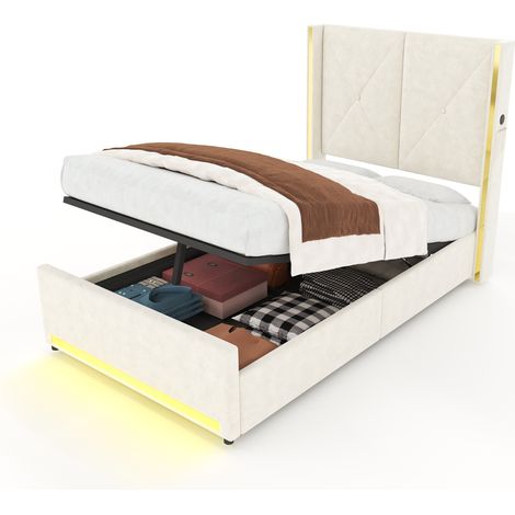 Lit coffre 90x200 cm en velours beige, tête de lit haute capitonnée, ports USB et Type-C, LED d'ambiance, rangement sous lit, pour chambre moderne, CHICFURN (1/5)