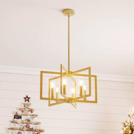 Suspension dorée à 6 lumières en métal avec hauteur réglable de 67 à 157 cm et douilles E14 pour salon et cuisine (1/5)