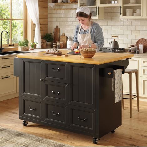 Isla de cocina 120x73x92.5 cm, con tablero abatible, gran almacenamiento, ruedas, MDF y metal negro (1/5)