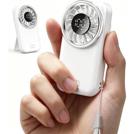 Mini ventilateur portable – Blanc – Rechargeable USB – 3 vitesses – Écran LED – Support pliable – Voyage et été (1/5)