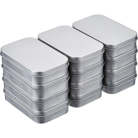 Lot de 12 boîtes de rangement portables rectangulaires en métal argenté, vides, à charnière, de dimensions 4,5 x 3,4 x 0,85 pouces. (1/5)