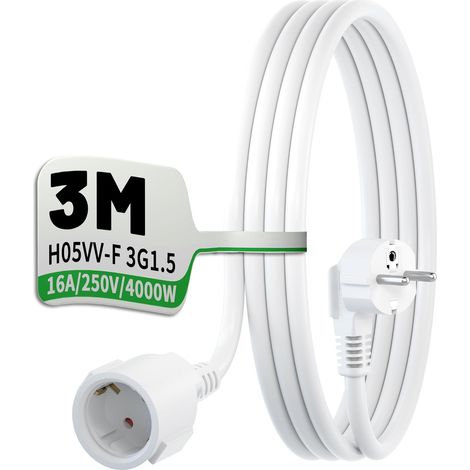 Rallonge de 3 m blanc H05VV-F 3G1,5, câble d'extension Schuko coudé à 90° avec protection anti-torsion, câble d'alimentation puissant 16 A/250 V, serre-câbles, pour appareils ménagers (1/5)