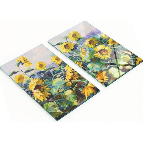 Zwei dekorative Schneidebretter aus gehärtetem Glas mit Sonnenblumenmotiv, 2 x 30 x 52 cm (1/5)