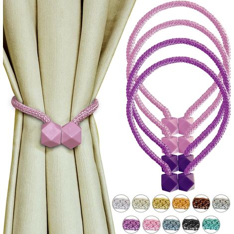 4er-Set magnetische Raffhalter für Gardinen – Raffhalter mit Drapierung – Moderne Seilclips – Handgestrickt – Für Kinderzimmer und Schlafzimmer – Rosa und Lila