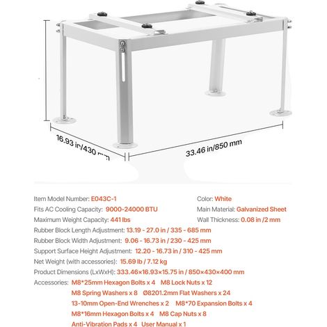 Mini-Split-Klimaanlagenhalterung, höhenverstellbar, vibrationsdämpfendes Design, 33,5 x 15,6 x 16 Zoll, 8 Zoll (1/2)