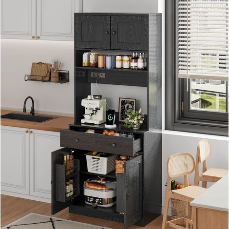 Mueble de cocina 72x40x180 cm con LED RGB, puertos USB, cajón grande, MDF negro, para cocina y salón (1/5)