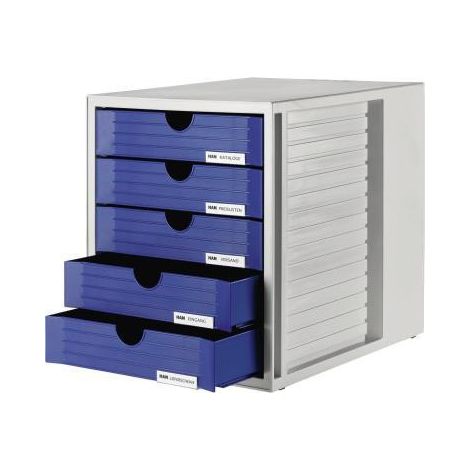 Schubladenbox SYSTEMBOX 5 Schubladen DIN C4 Polystyrol Gehäusefarbe: lichtgrau Farbe der Schublade: blau (1/4)
