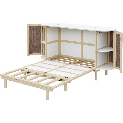 Cama abatible vertical 140 x 200 cm con somier, almacenaje lateral, efecto ratán (1/5)