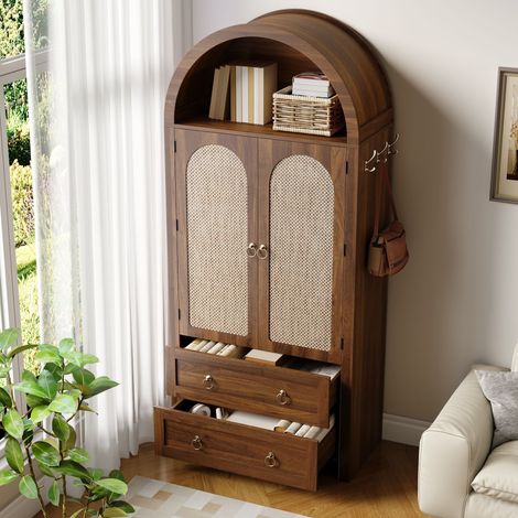 Buffet haut 80x40x180 cm avec portes en rotin, 2 tiroirs, Étagère arche, crochets,rangementPour salon et chambre MDF-Couleur Noyer (1/5)