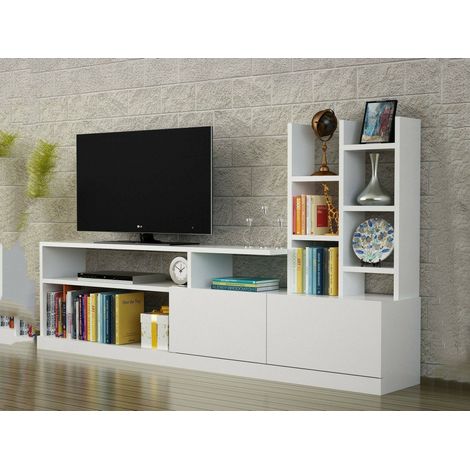 Dmora - Mobile porta TV Kristal, Credenza da soggiorno, Armadio basso per TV, Base parete attrezzata, 164x25h91 cm, Bianco (1/5)