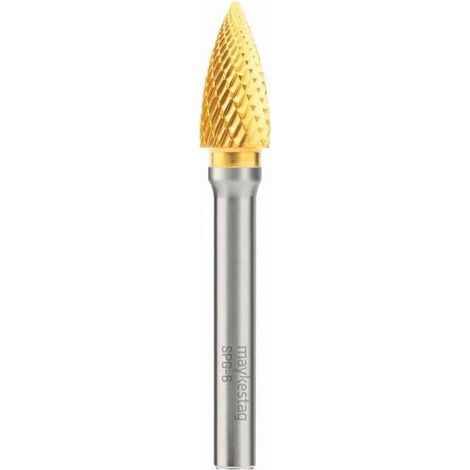 Fraise Rotative HM TiN Tige Cylindrique Forme Arc à Pointe Effilée - Fontes, Aciers D. 12 x Lt. 70 x Lu. 25 x Q. 6 mm - Diamwood