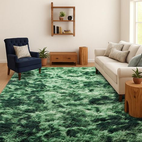 Tapis Shaggy Salon Chambre Poils Longs, Vert, 200x300 cm Tie-Dye, Doux et moelleux, Antidérapant, Lavable en machine, Pour chambre d’enfant, chevet, salle de jeux, dortoir, bureau (1/5)