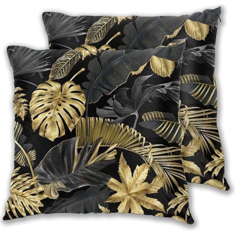 Cushion Covers, Gold and Black Tropical Leaves on Dark Background Cushion Cover 45x45 cm Set of 2 Decorative Pillowcases with Invisible Zipper