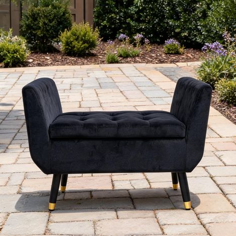 Banc de rangement avec coussin et accoudoirs noir en polyester (1/5)