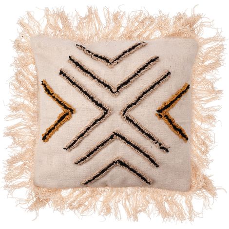 Coussin noir et beige avec franges 45 x 45 cm (1/4)