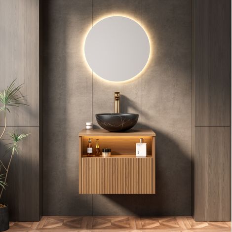 Meuble vasque salle de bain 60 cm en céramique noire, avec rangement mural, style moderne FloraGrace (1/5)